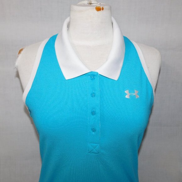 Under Armour heatgear Womens M Blue White Fitted Sleeveless Polo Shirt - Picture 2 of 8